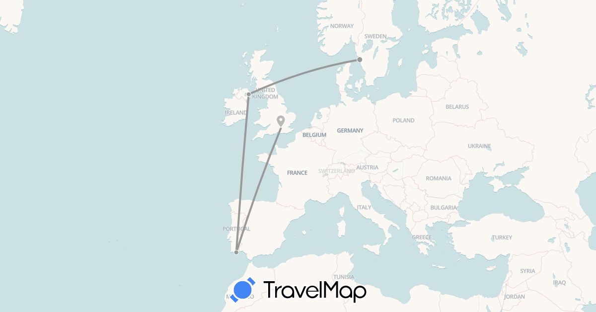 TravelMap itinerary: driving, plane in United Kingdom, Portugal, Sweden (Europe)